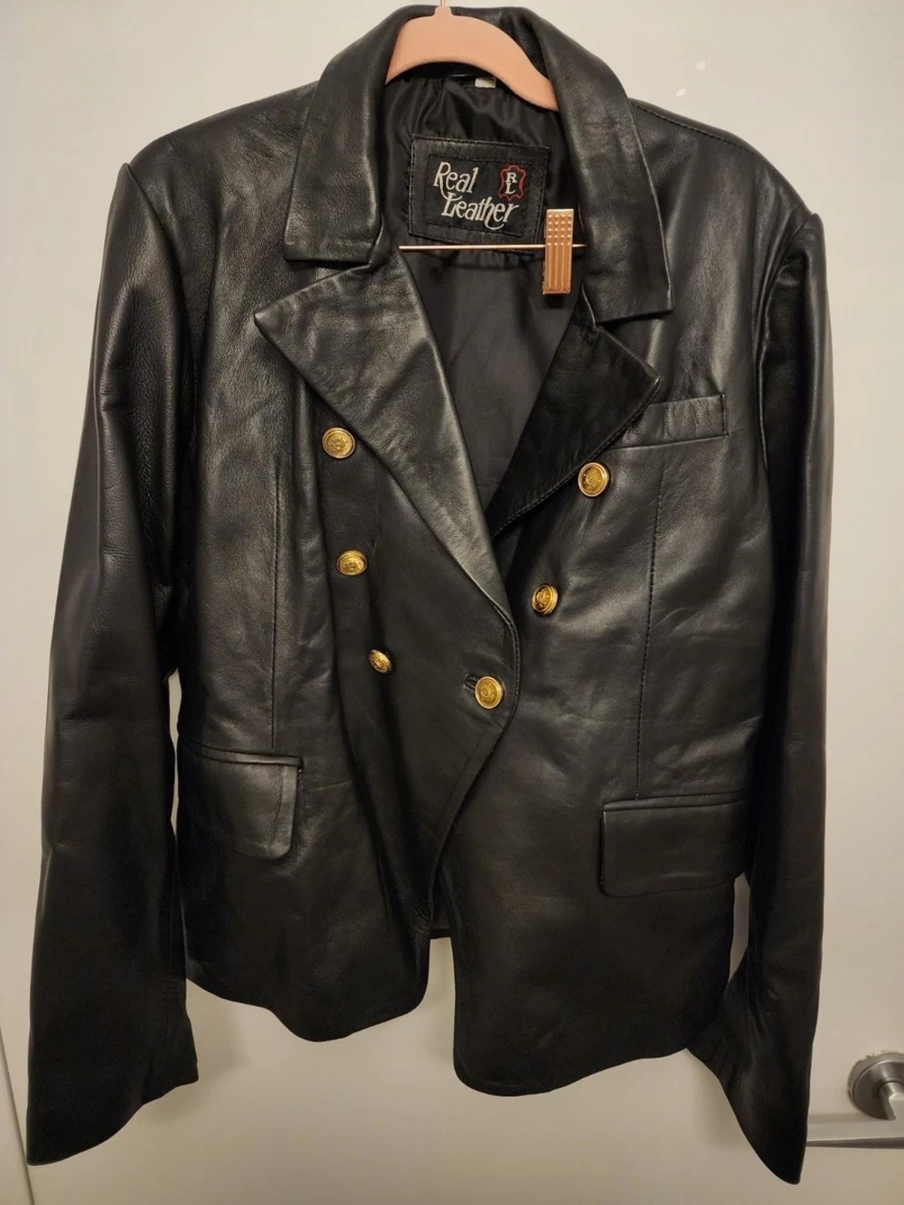 Real Leather Women's Black Double-Breasted Leather Blazer, XL-XXL